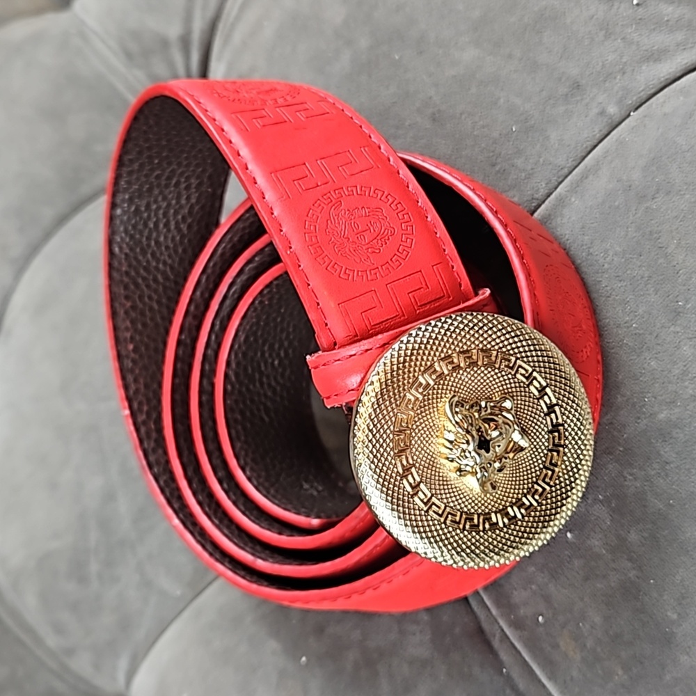Red Leather Belt with Gold Tone Buckle